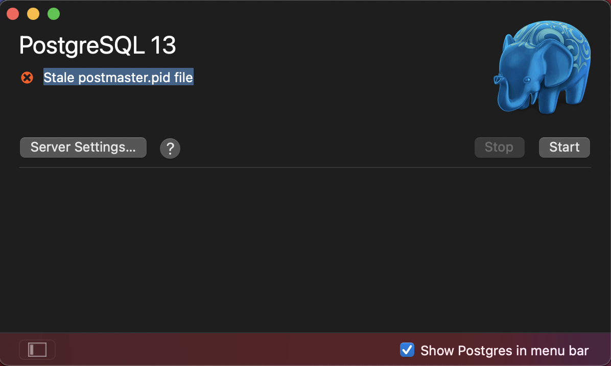 stale postmaster.pid file postgres app